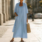 Conjunto Adilha - Vestido + cardigan em linho queridinho das trendsetters europeias (tendência grega)