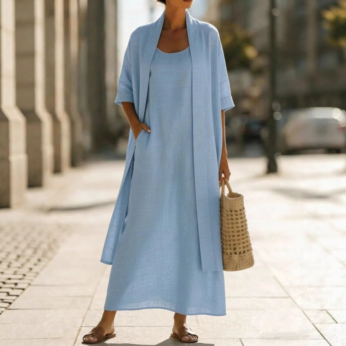 Conjunto Adilha - Vestido + cardigan em linho queridinho das trendsetters europeias (tendência grega)