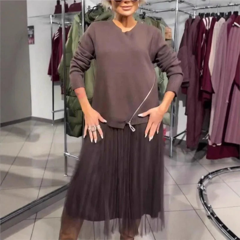 Conjunto Brenda - Vestido + suéter perfeito para o outono inverno 2026 (tendência americana)