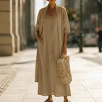 Conjunto Adilha - Vestido + cardigan em linho queridinho das trendsetters europeias (tendência grega)