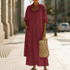 Conjunto Adilha - Vestido + cardigan em linho queridinho das trendsetters europeias (tendência grega)