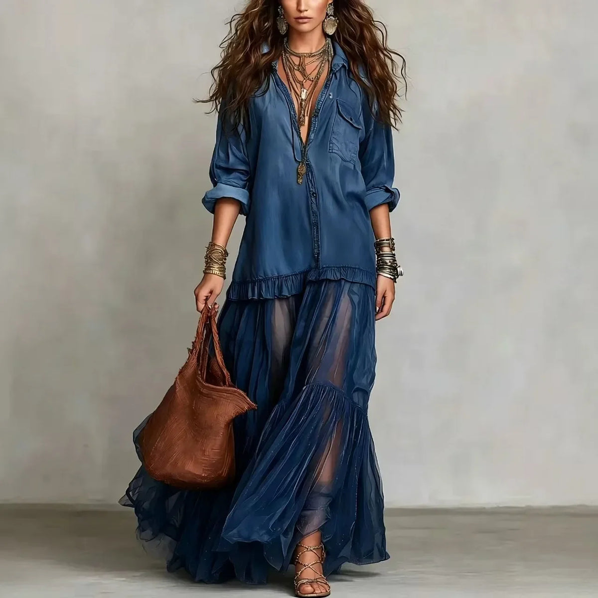 Vestido Adelma - O jeans + chiffon mais amado pelas style queens (tendência francesa)