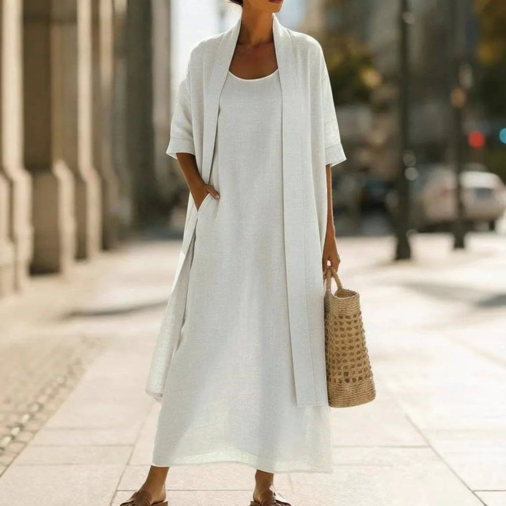 Conjunto Adilha - Vestido + cardigan em linho queridinho das trendsetters europeias (tendência grega)