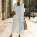 Conjunto Adilha - Vestido + cardigan em linho queridinho das trendsetters europeias (tendência grega)