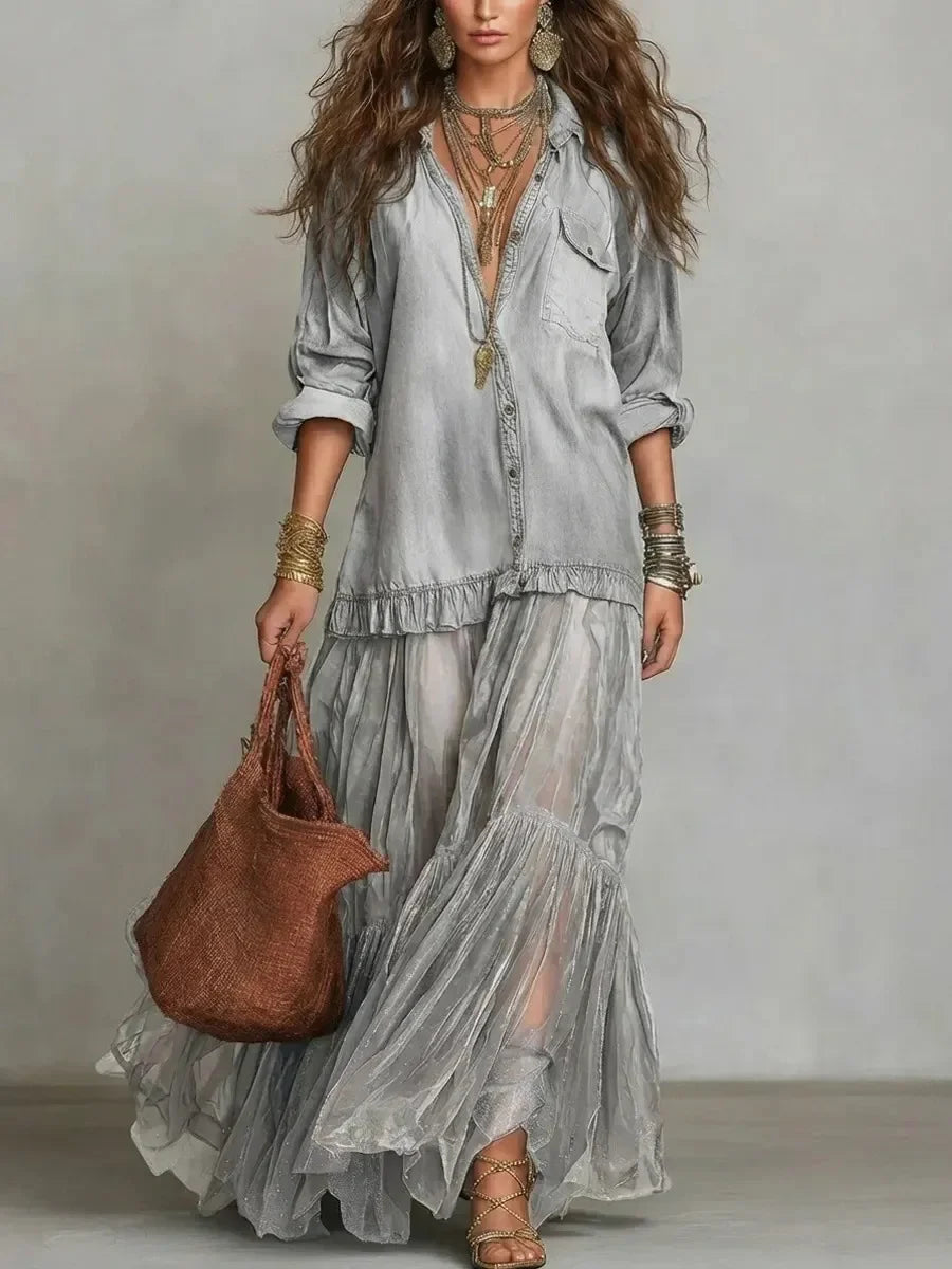 Vestido Adelma - O jeans + chiffon mais amado pelas style queens (tendência francesa)