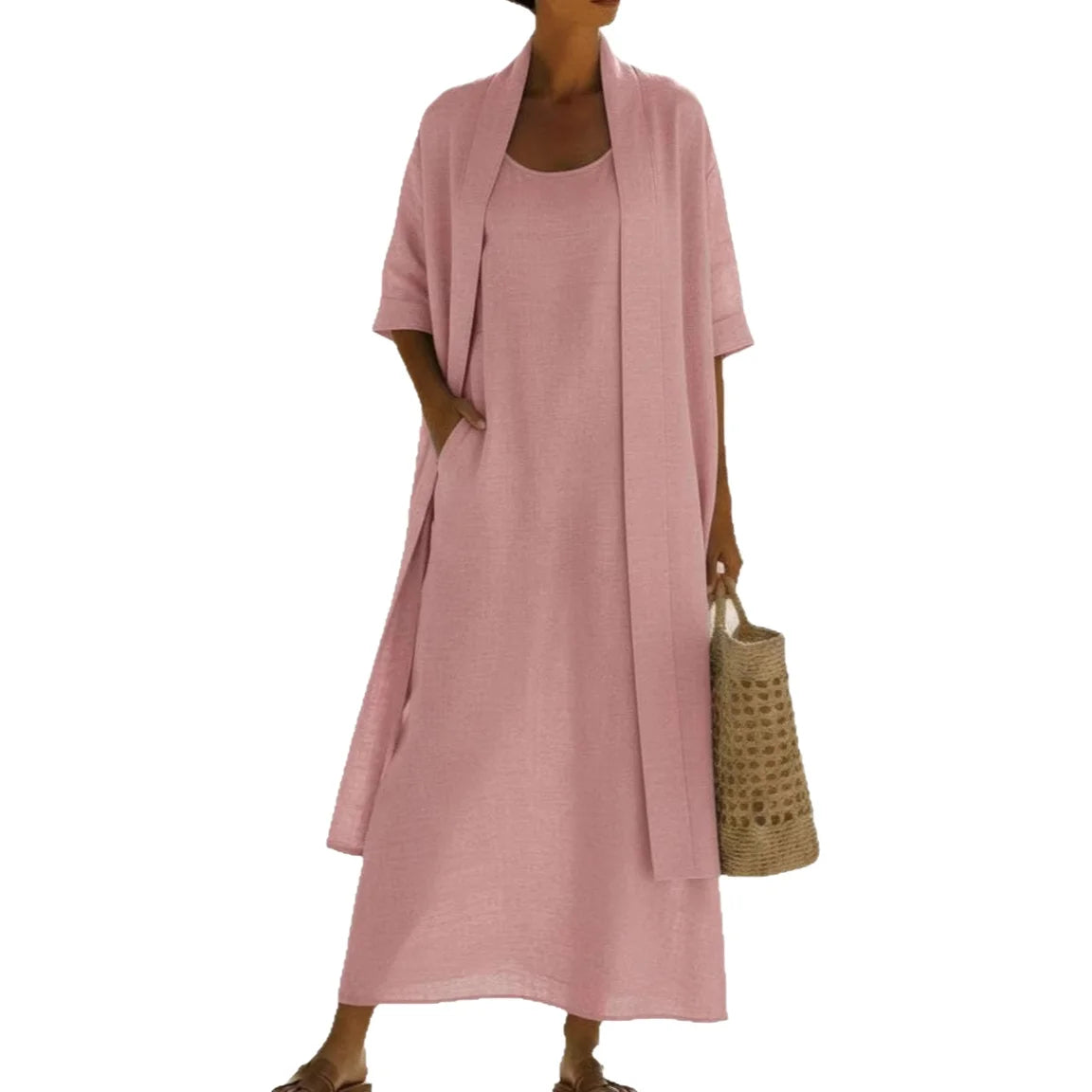 Conjunto Adilha - Vestido + cardigan em linho queridinho das trendsetters europeias (tendência grega)