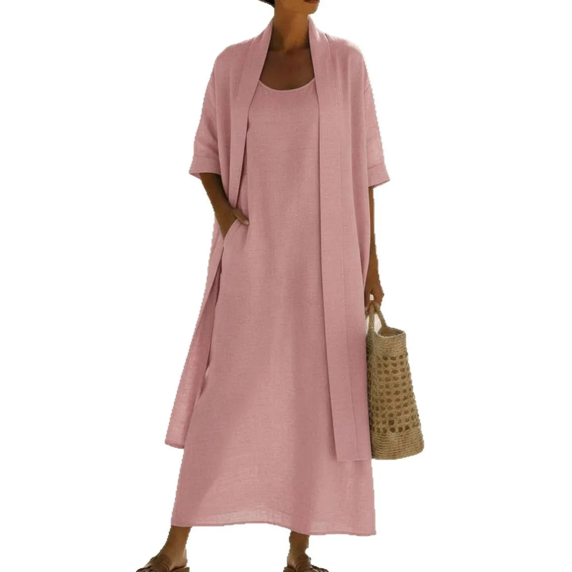 Conjunto Adilha - Vestido + cardigan em linho queridinho das trendsetters europeias (tendência grega)